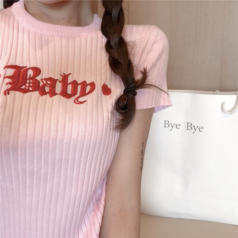 Pink Baby Embroidered Knit Crop Top Belly Shirt Cropped Tee T-Shirt Cute Kawaii Fashion Little Space
