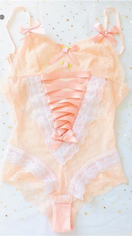 Peach Pink Lace Corset Bodysuit Onesie Sexy Lingerie Set Ribbons Rosebuds 