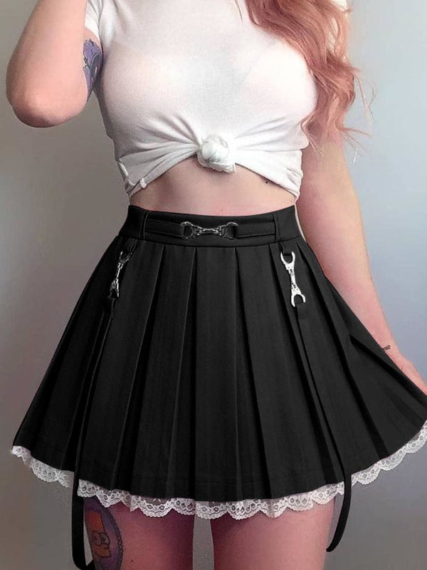Lace Hemmed Pleated Skirt - Black / M - belted, lace trim, pink skirt, pleated skirts