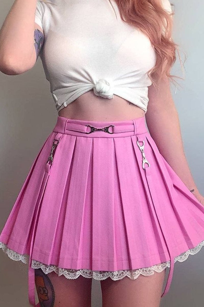 Lace Hemmed Pleated Skirt - Pink / M - belted, lace trim, pink skirt, pleated skirts