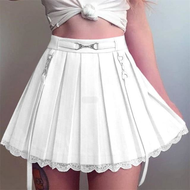 Lace Hemmed Pleated Skirt - White / L - belted, lace trim, pink skirt, pleated skirts