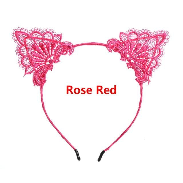 Lace Kitten Ears - rose red - headband