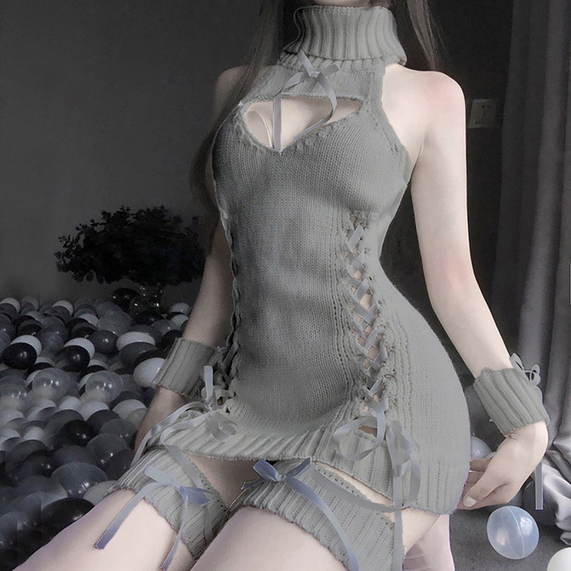 Lace Up Virgin Killer Sweater Dress - Gray - anime, bows, clothes, clothing, corset