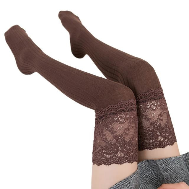 Lady Lace Stockings - Brown - socks