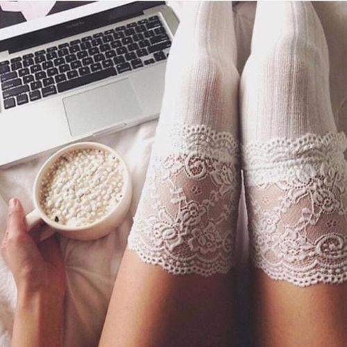 Sexy White Lace Thigh High Stockings Knee Socks Lingerie 