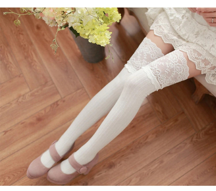 Lady Lace Stockings - White - high socks, knee lace long sock