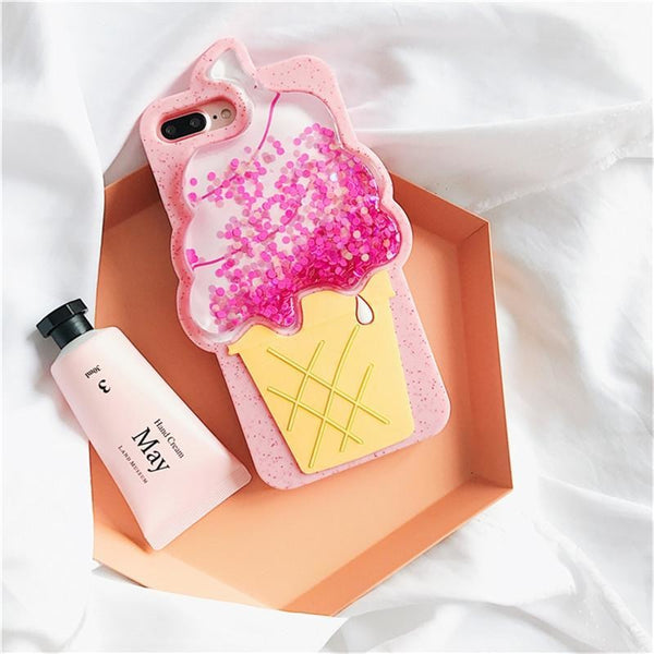3d pink icecream cone phone case rubber silicone glitter quicksand liquid shimmer iphone case by kawaii babe