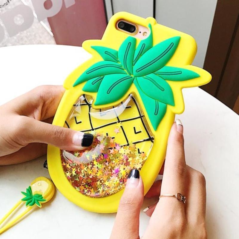 3d Pineapple rubbin silicone glitter quicksand liquid shimmer iphone case phone cases by kawaii babe