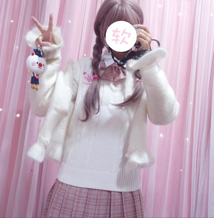 Kawaii Piggy Piglet Pig Sweater Vest Sweatshirt Knit Long Sleeve V-Neck Pastel Fairy Kei Cute Fashion
