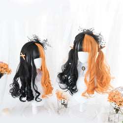 Long Split Halloween Lolita Wig - Loose Waves - bangs, black and orange, fake hair, goth, gothic