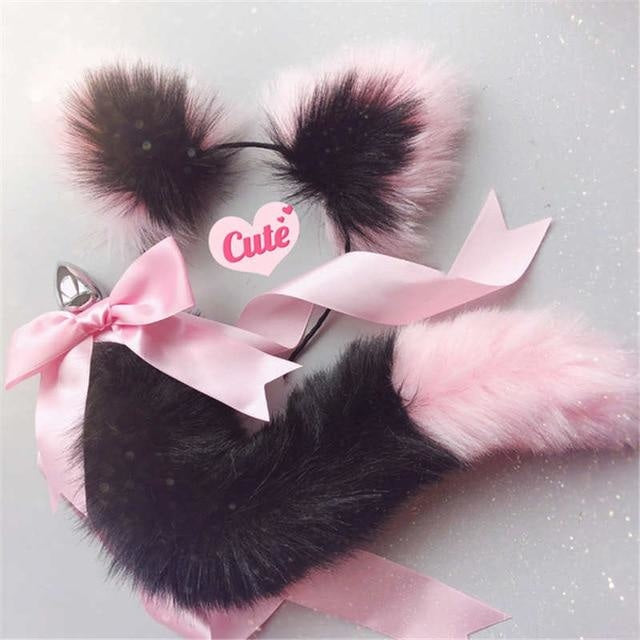 Luxury Neko Tail & Ear Sets - black & pink - petplay
