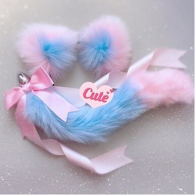 Luxury Neko Tail & Ear Sets - blue & pink - petplay