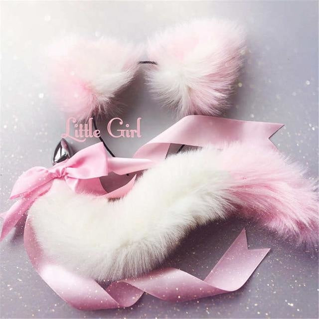 Luxury Neko Tail & Ear Sets - white & pink - petplay