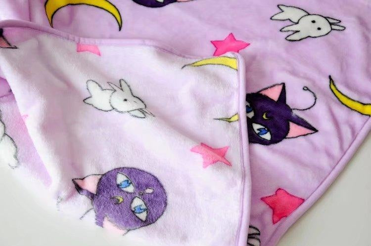 sailor moon fuzzy soft plush throw blanket comforter fabric linen bedding bedspread mahou shoujo kawaii pastel purple artemis luna cat by ddlg playground