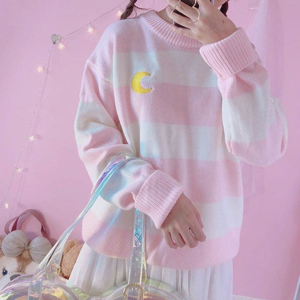 Magic Moon Knit Sweater - Pink - crewneck sweater, crewnecks, ddlg, fairy kei, fall
