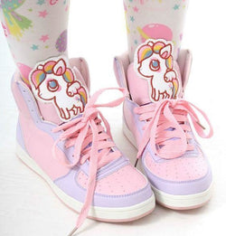 Pink Purple Unicorn Pastel Color Candies High Top Lace Up Sneakers