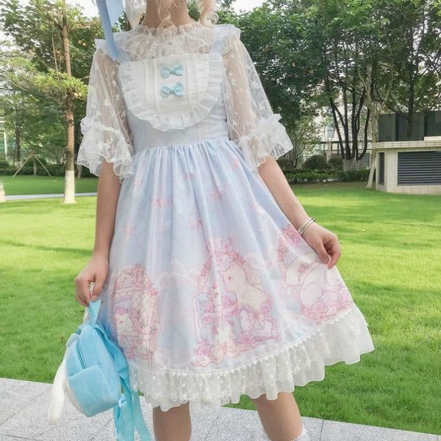 Pastel Blue Sweet Lolita JSK Dress Fairy Kei Kittens Cat Print 