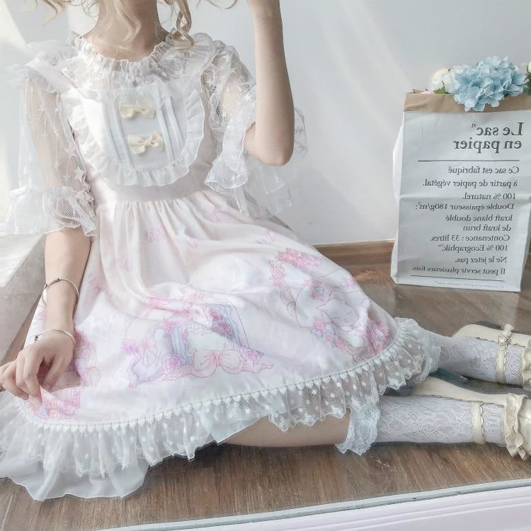 White Beige Sweet Lolita JSK Dress Fairy Kei Kittens Cat Print 