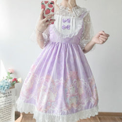 Lavender Purple Sweet Lolita JSK Dress Fairy Kei Kittens Cat Print 