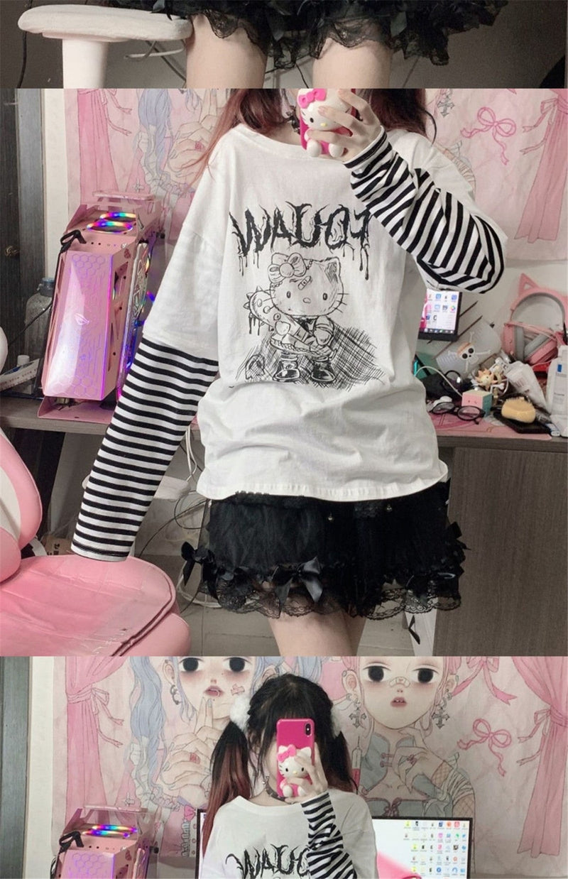 Menhera Kitty Long Sleeve Top - creepy cute, hello kitty, long sleeve, sleeved, menhera