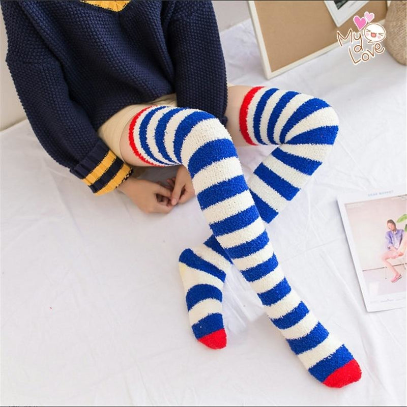 Navy Striped Fuzzy Thigh Highs - socks