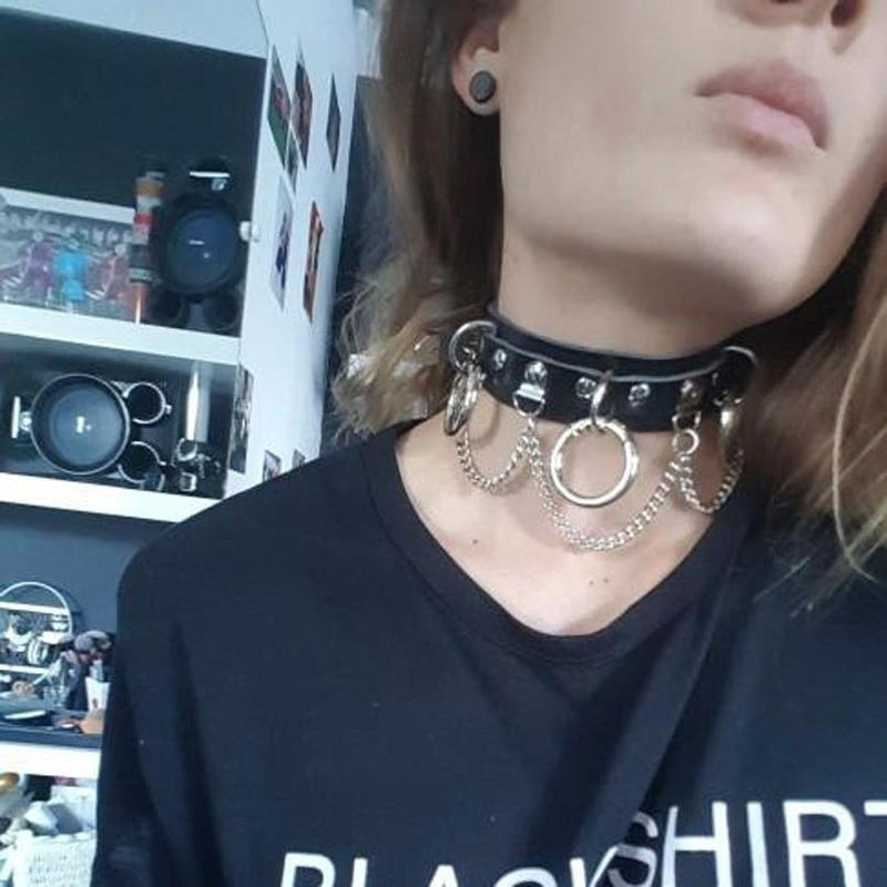 O-Ring Collar Choker Black Vegan Leather Metal Punk Rock Fetish BDSM Bondage Leash 