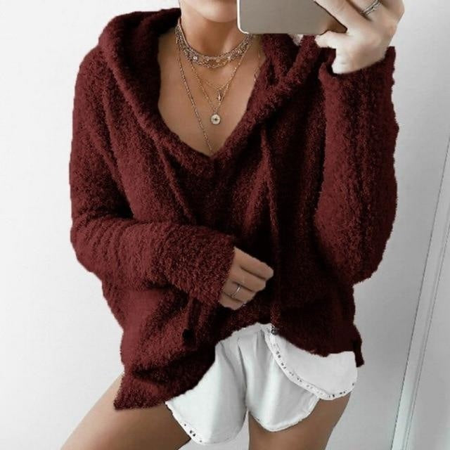 Oversized Fuzzy Hoodie - wine red / S - hoodie