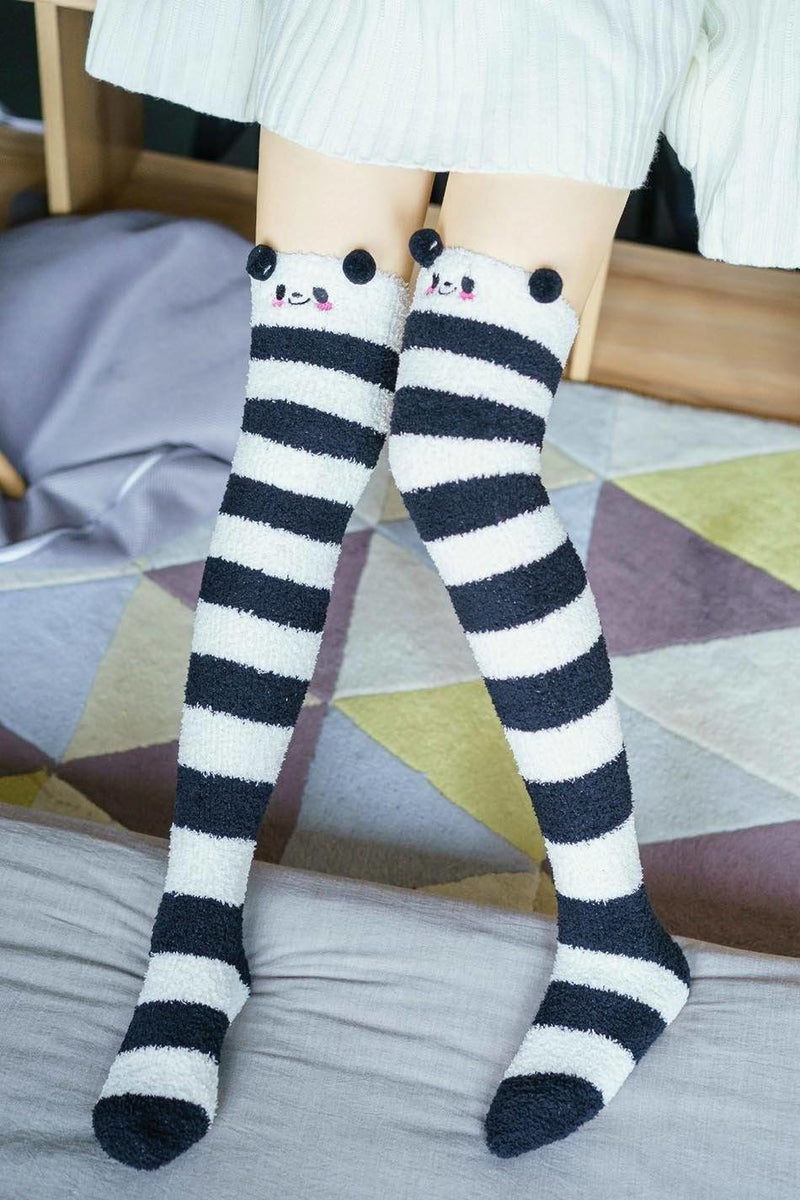 kawaii panda bear thigh high socks stockings knee socks tights furry fuzzy warm animal print striped winter wear