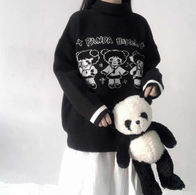 Panda Playgirl Knit Turtleneck - Black / XL - cardigans, crew neck, crewneck, crewnecks, ghost