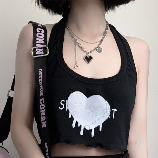 Pastel Goth Sweetheart Set - Black Crop Top / S - crop, crop shirt, top, tops, cropped