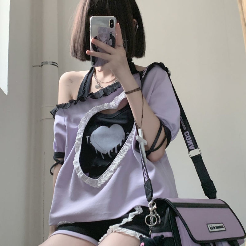Pastel Goth Sweetheart Set - Purple Cover Top / S - crop, crop shirt, top, tops, cropped