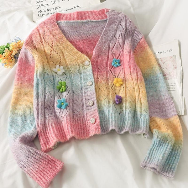 Pastel Rainbow Knit Cardigan Sweater Flower Hippie 70s | DDLG Shop ...