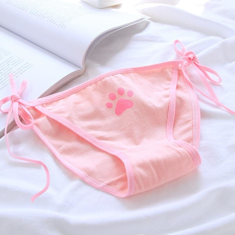 Paw Print Tie-Up Panties - Pink - lace up, panties, panty, paw, paw print