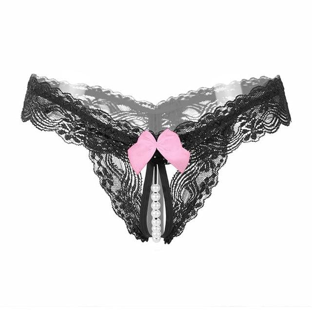 Pearl Lined Bow Thong - Black - underwear