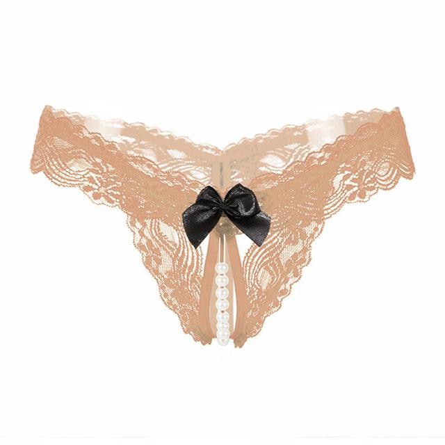 Pearl Lined Bow Thong - Nude - underwear