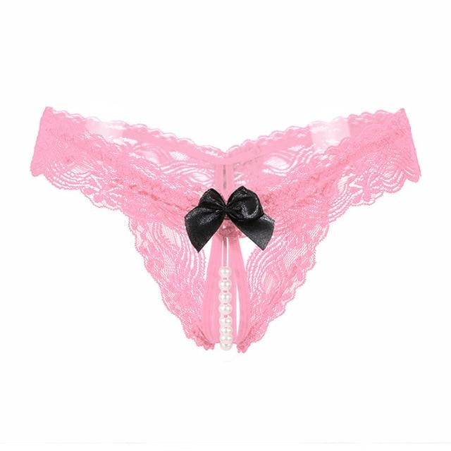 Pearl Lined Bow Thong - Pink - underwear