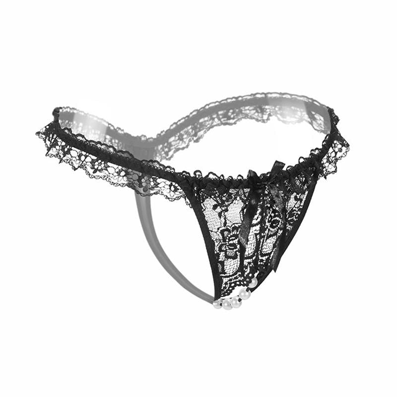 Black String of Pearls Crotchless Panties Kinky Lace Ruffled Underwear Undies BDSM Lingerie Fetish by DDLG Playground