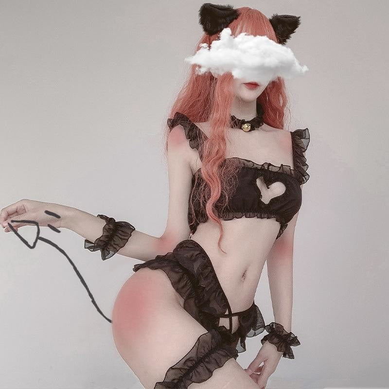 Peekaboo Heart Lingerie Set Ruffled Cat Cosplay DDLG Playground Peekaboo Heart Lingerie Set Ruffled Cat Cosplay DDLG Playground