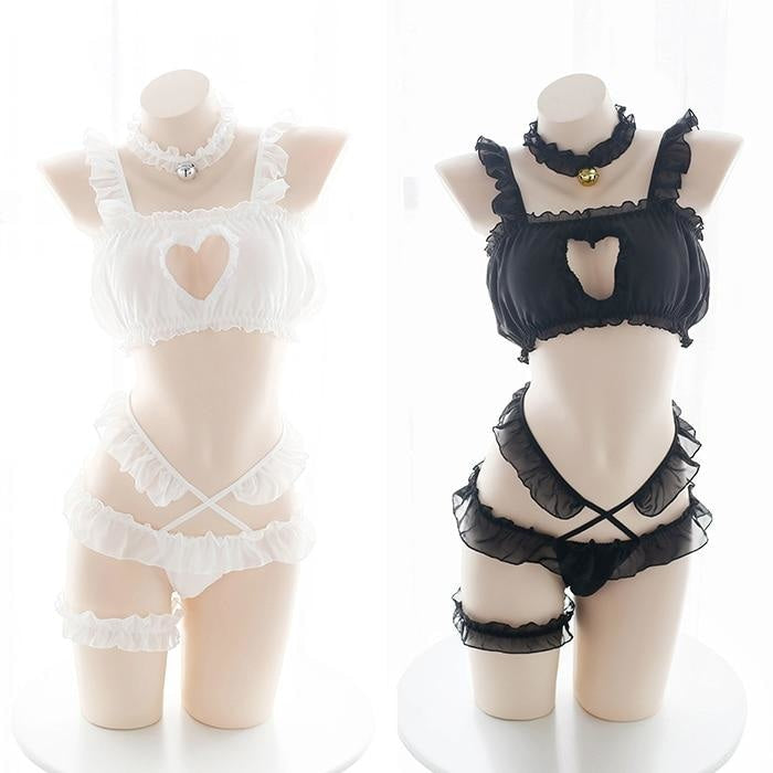 Peekaboo Heart Lingerie Set Ruffled Cat Cosplay  DDLG Playground