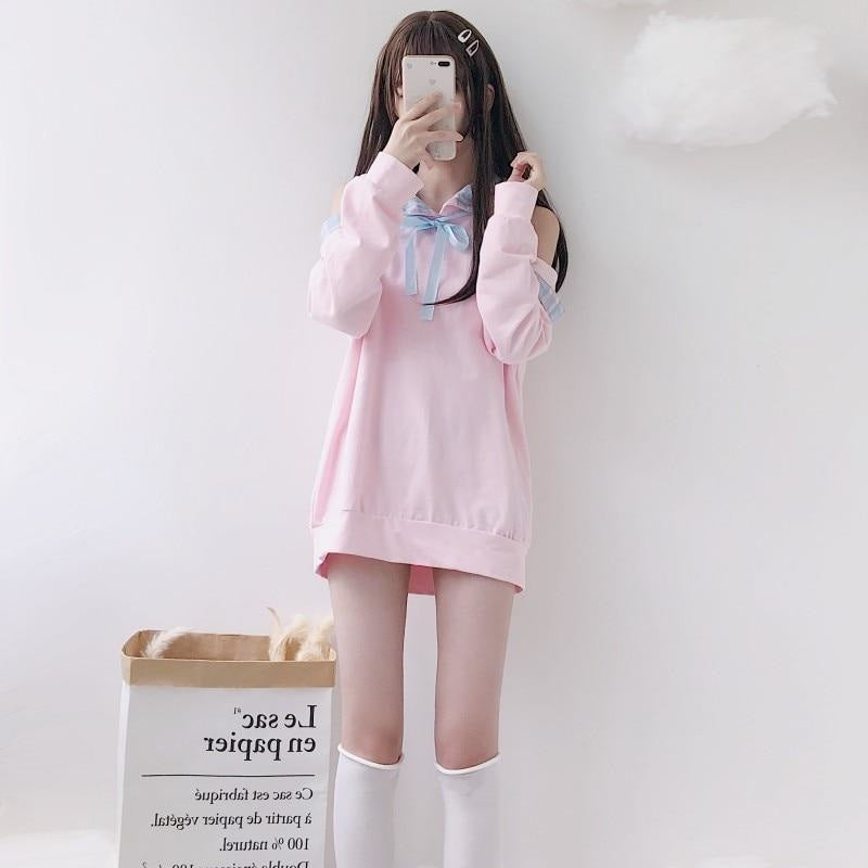 Pastel Pink Fairy Kei Long Sleeve Hoodie Off The Shoulder peekaboo Sweatshirt Harajuku Japan K-Pop Fashion 