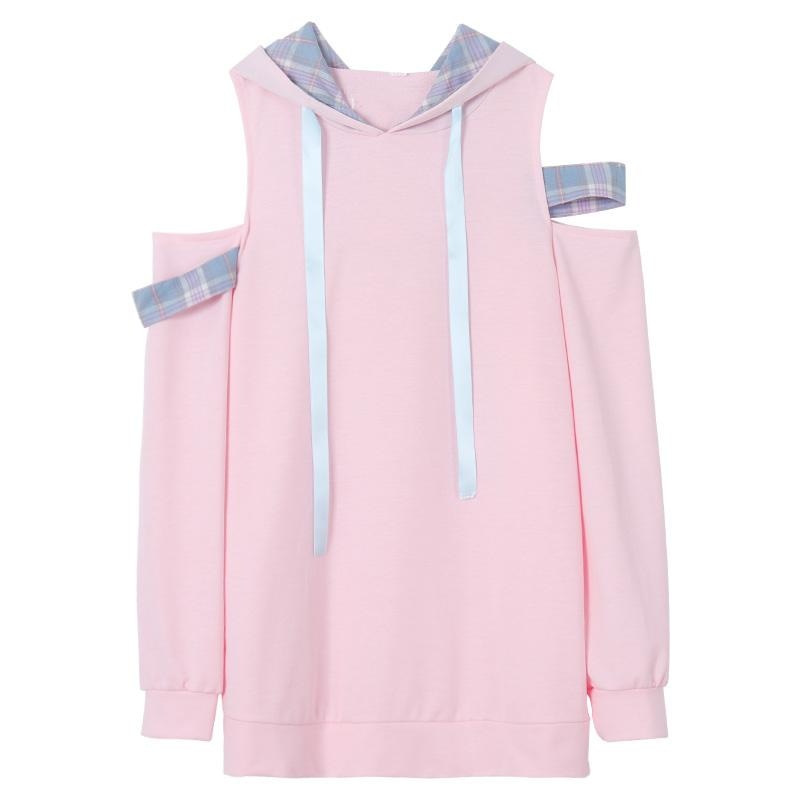 Pastel Pink Fairy Kei Long Sleeve Hoodie Off The Shoulder peekaboo Sweatshirt Harajuku Japan K-Pop Fashion 