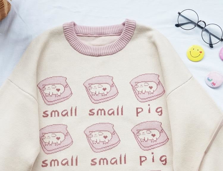 Little Piggy Crewneck - embroidered, embroidery, knit, knit sweater, knitwear