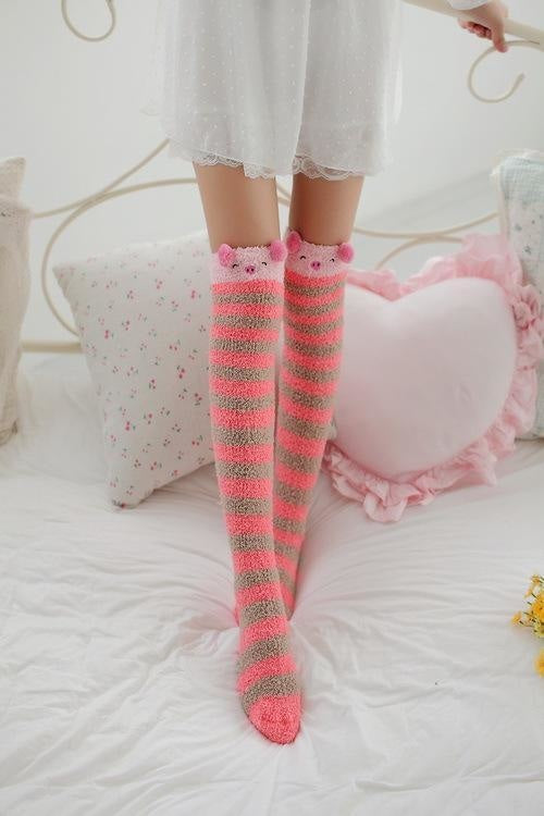 little piggy pink pig piglet thigh high socks stockings knee socks tights furry fuzzy warm animal print striped winter wear