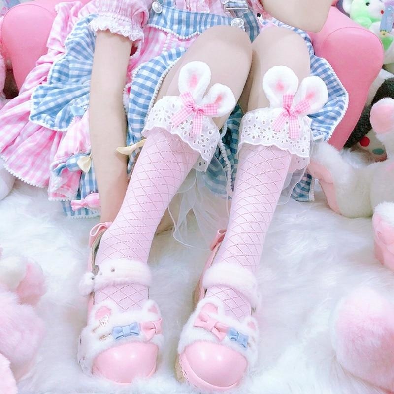 Pink Baby Bun Doily Socks - doilies, doily, fairy kei, kawaii, lace
