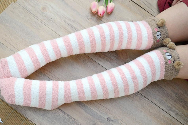Kawaii pink teddy bear fairy kei thigh high socks stockings knee socks tights furry fuzzy warm animal print striped winter wear