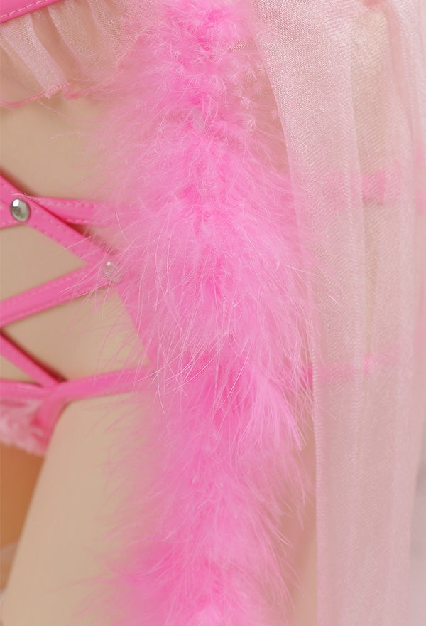 Pink Fur & Latex Harness Lingerie Set - bdsm, bondage, latex, latex fetish, lingerie