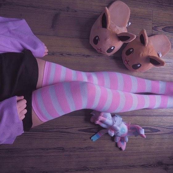 Pink Striped Thigh Highs - socks