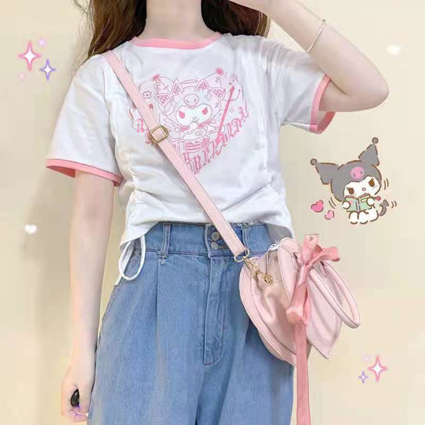 Pink White Kuromi Melody Cropped T-shirt Top Kawaii – DDLG Playground