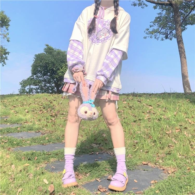 Plaid Kitten Hoodie - deers, fairy kei, hooded, hoodies, kawaii