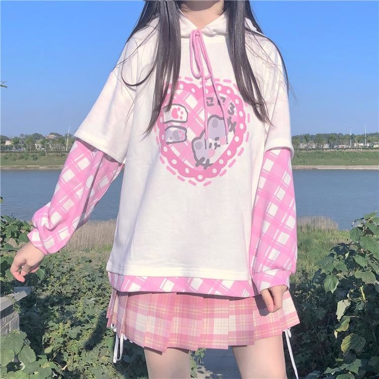 Plaid Kitten Hoodie - deers, fairy kei, hooded, hoodies, kawaii